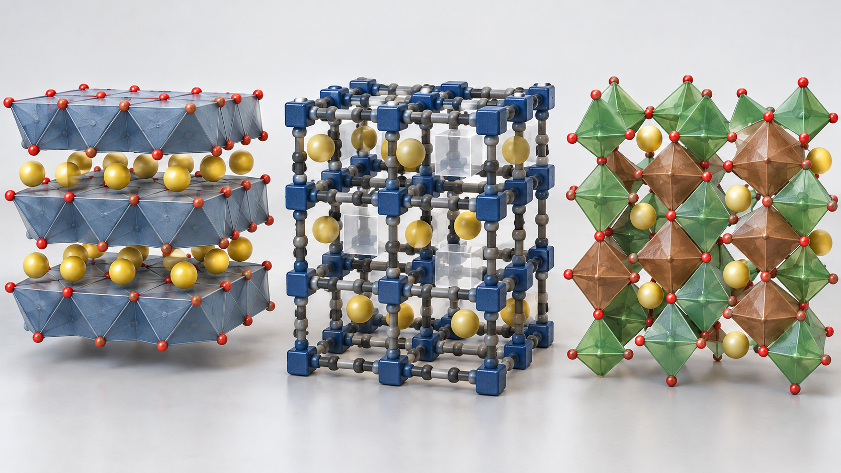 From left: layered oxide, Prussian-blue analogue and polyanion framework models