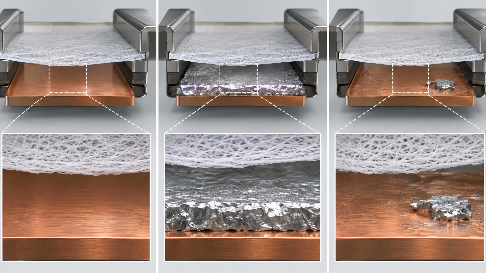 The sequence shows the initial copper collector, deposition during charge and stripping during discharge