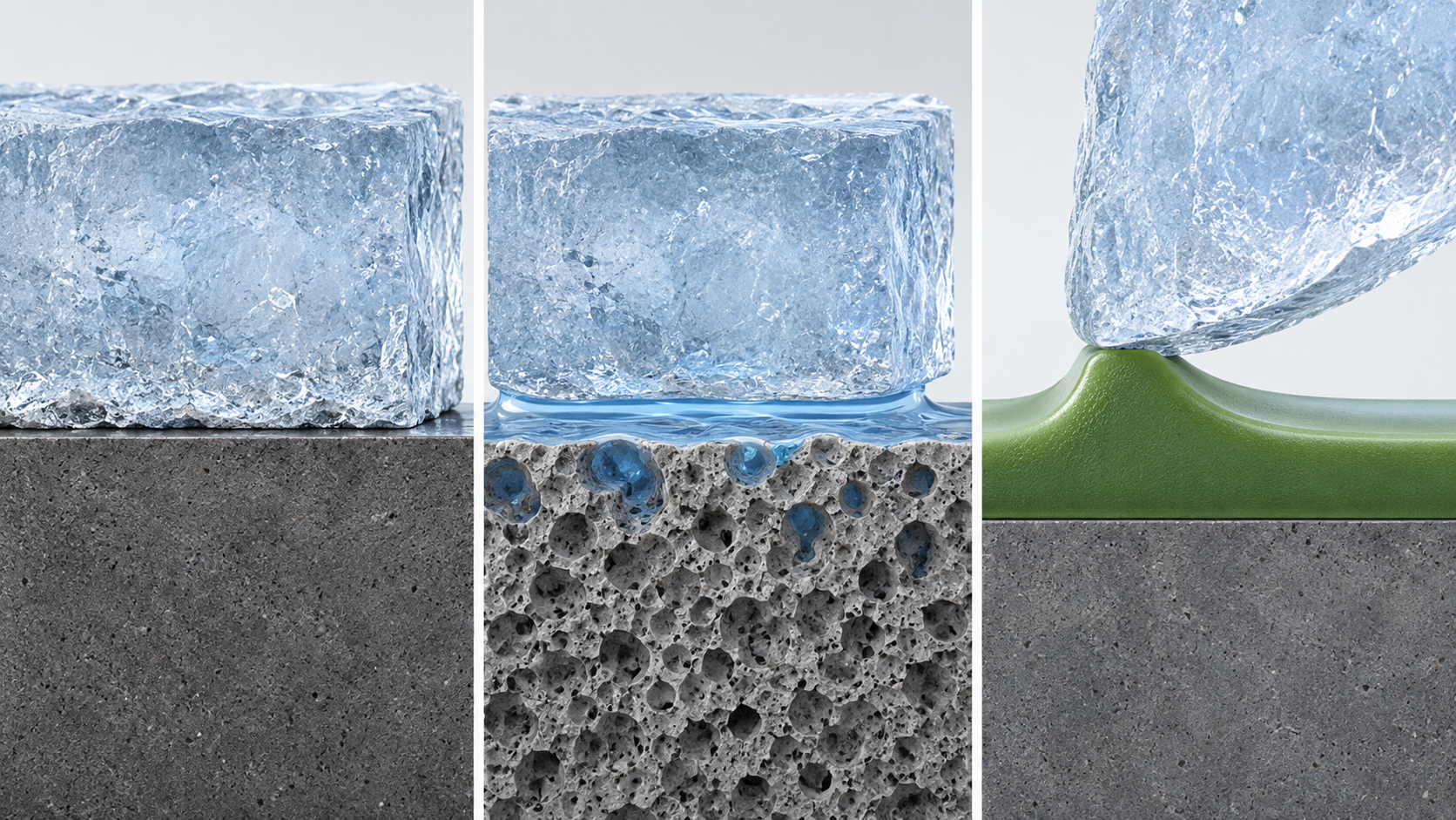 Direct ice contact, lubricant-separated contact and compliant-layer deformation are compared