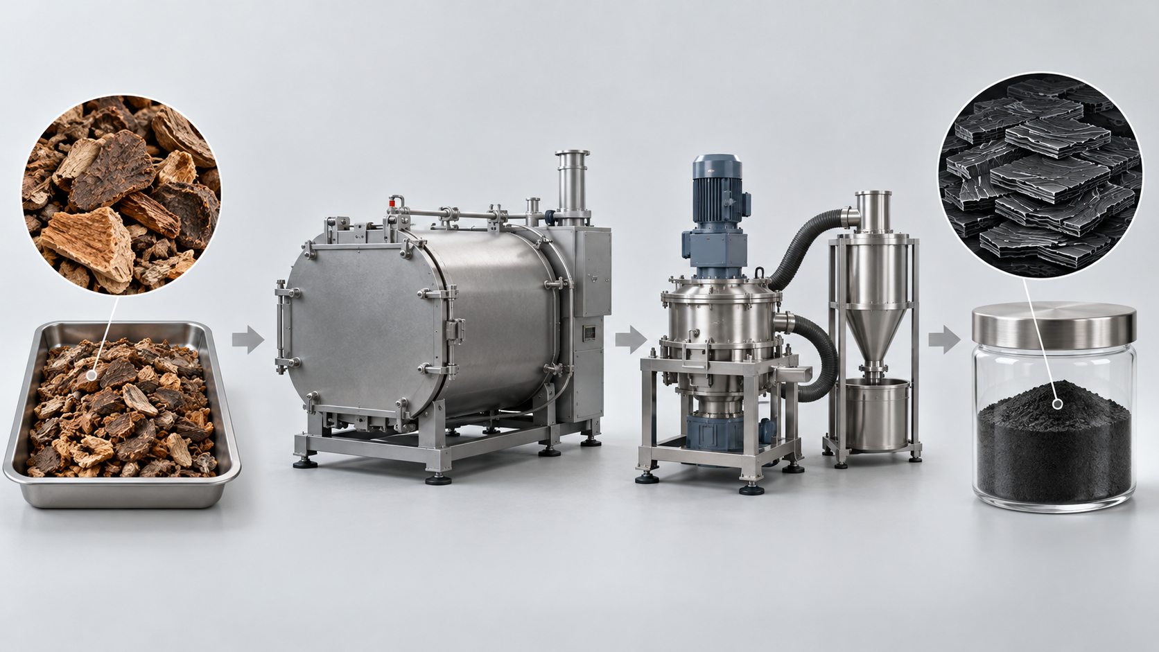The sequence shows precursor, carbonization, milling/classification and powder