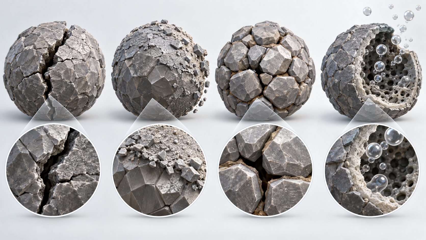 Separate models show cracking, surface alteration, grain-boundary separation and gas release