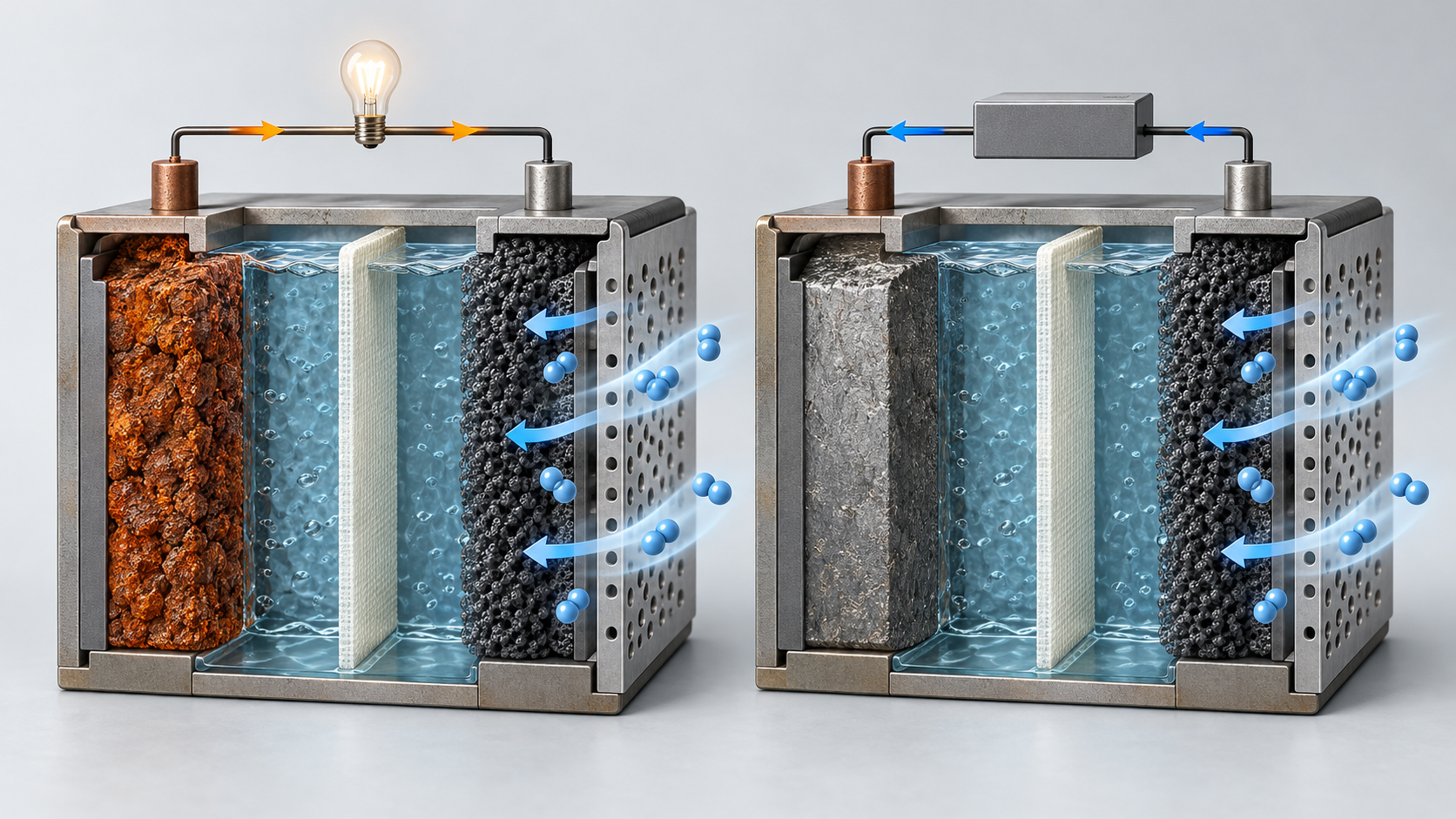 Discharge oxidizes iron, while charging restores it toward metallic iron