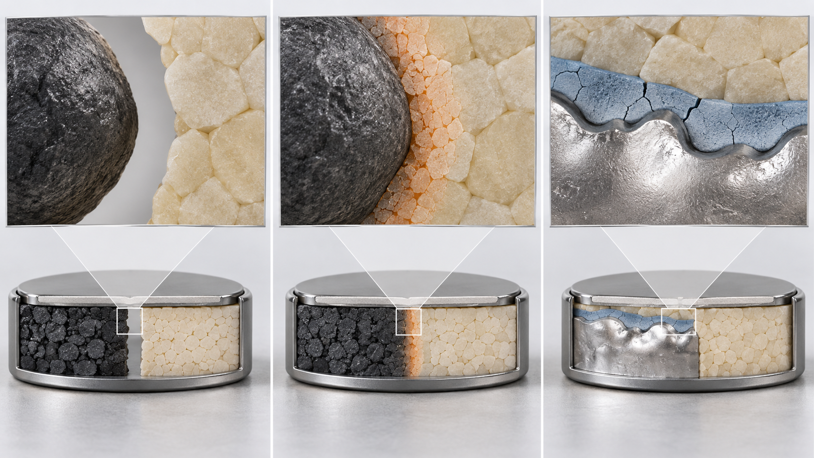 From left: loss of contact, interfacial alteration, and a stiff surface layer on lithium