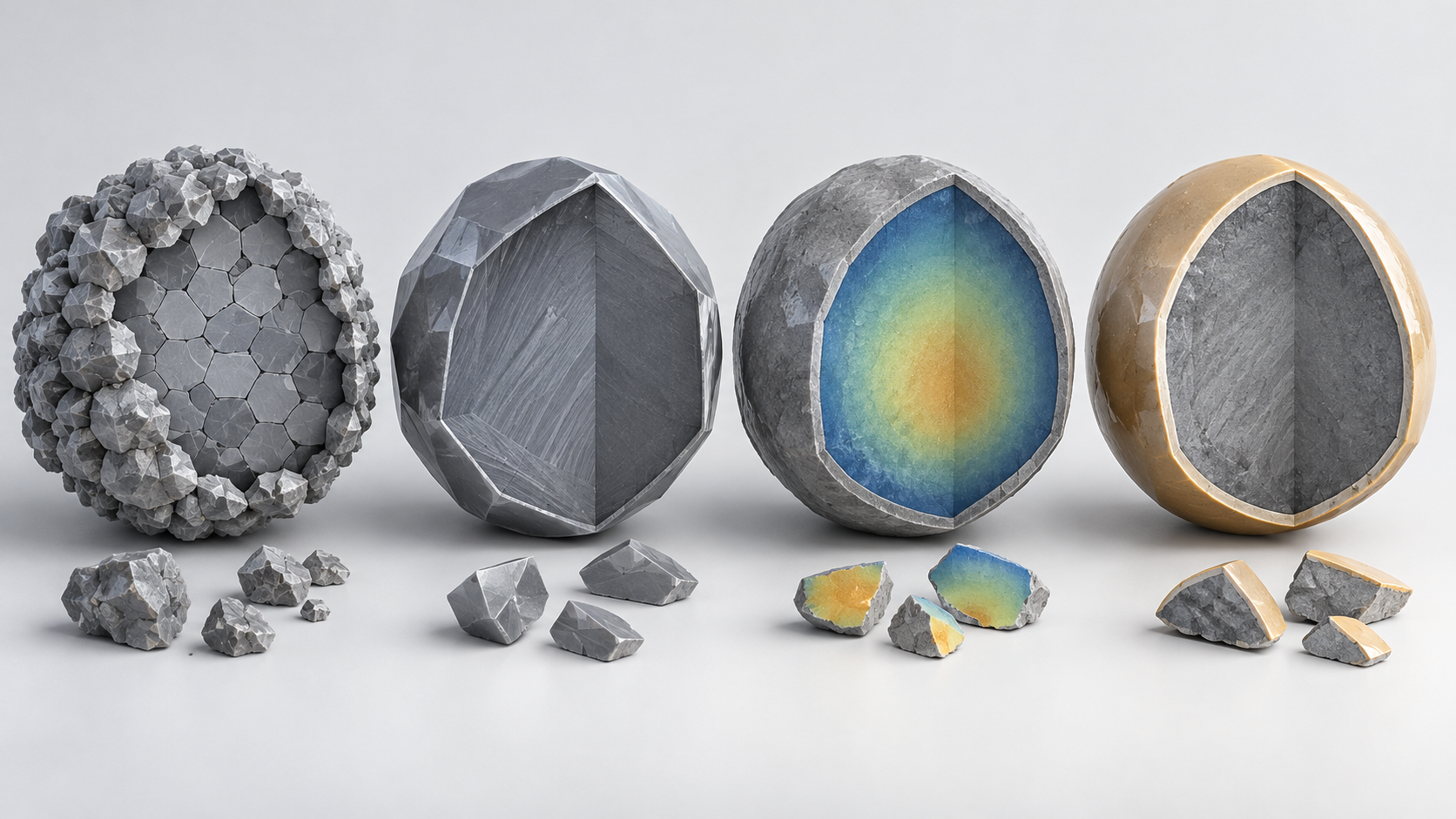 From left: polycrystalline, single-crystal, concentration-gradient and surface-coated design concepts
