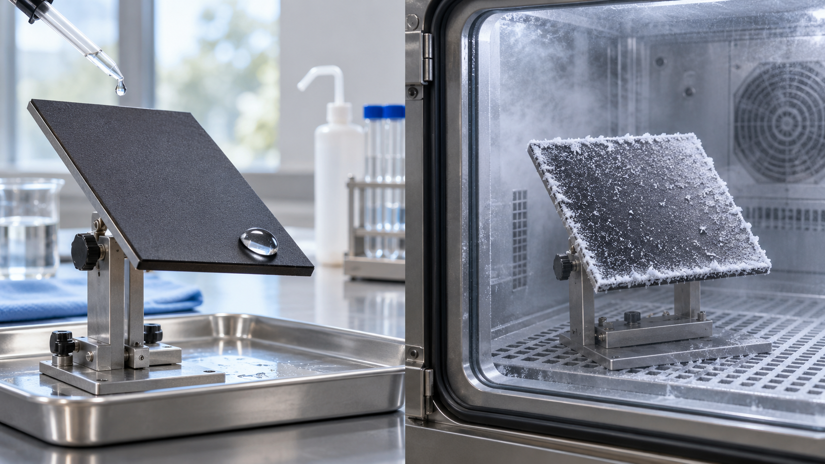 Droplet mobility and ice formation are tested separately