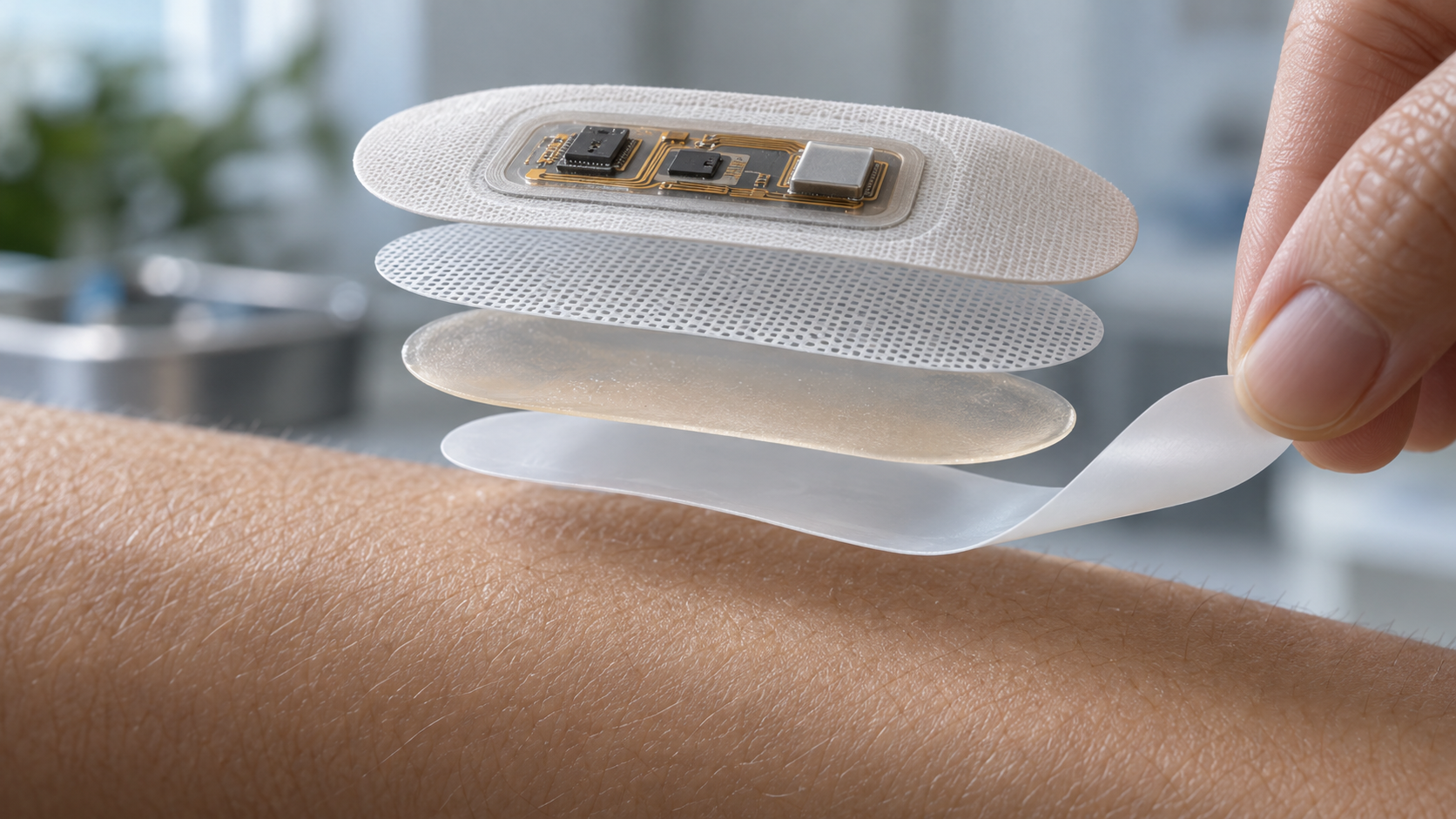 Conceptual illustration of patch sensors and skin adhesion