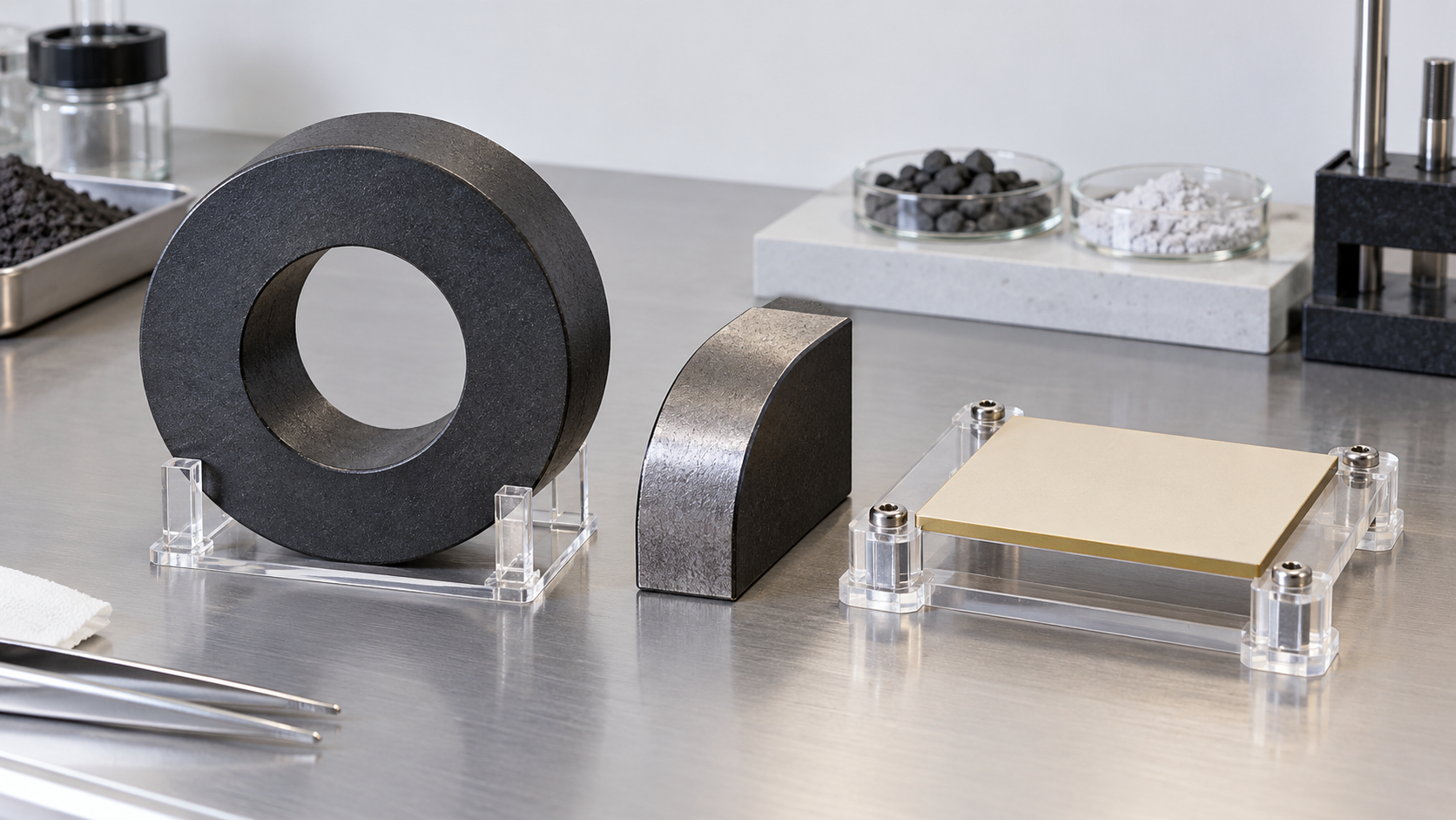 Ferrite core, permanent magnet and piezoelectric ceramic are separate; magnetic and piezoelectric functions are not conflated.