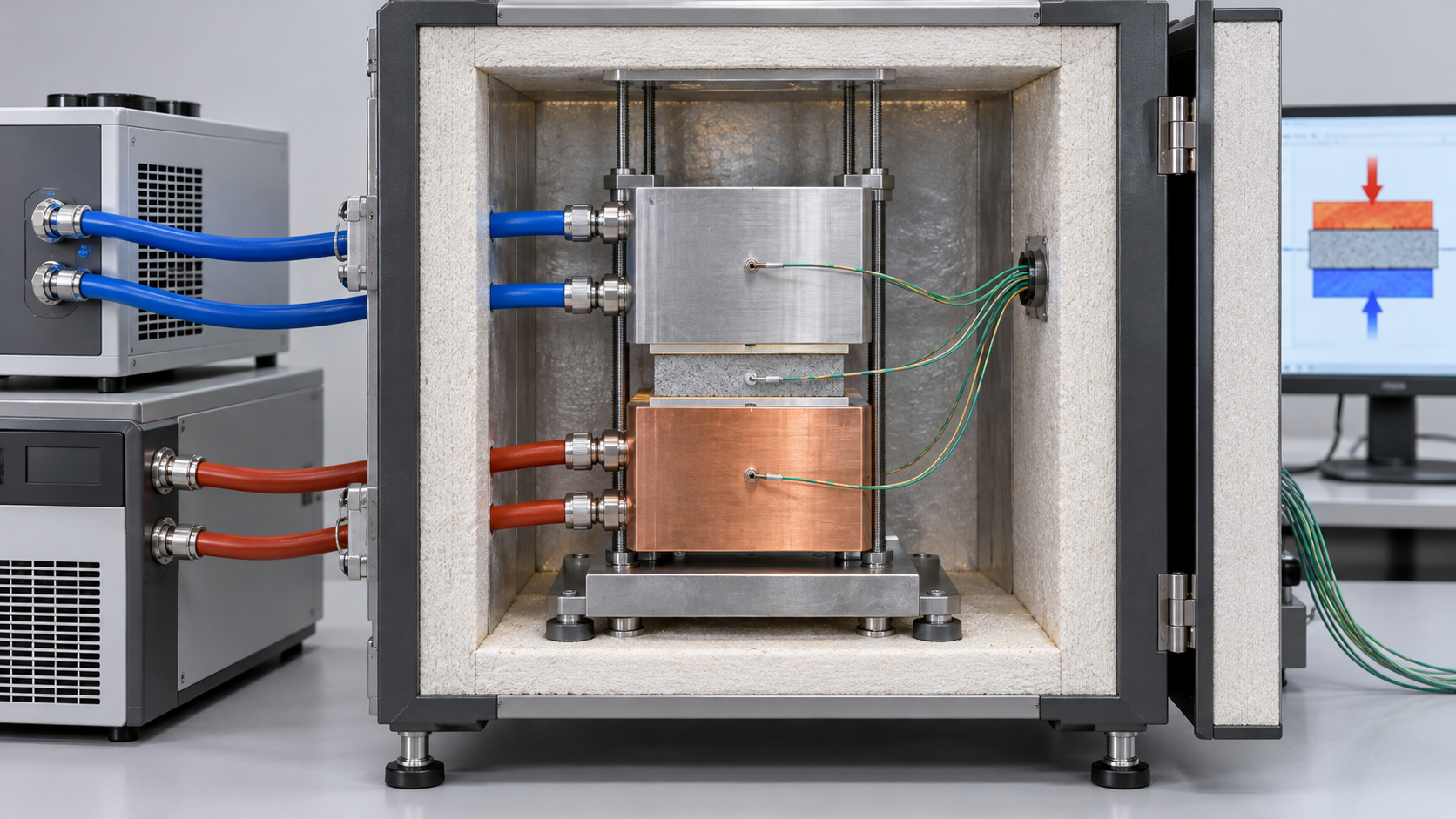 A temperature difference across a specimen supports heat-flow measurement