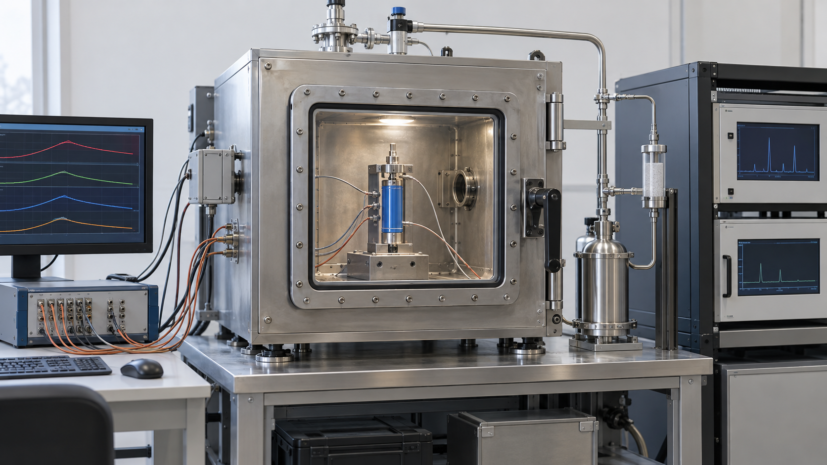 Cell temperature and gas are measured in a contained, exhausted test chamber