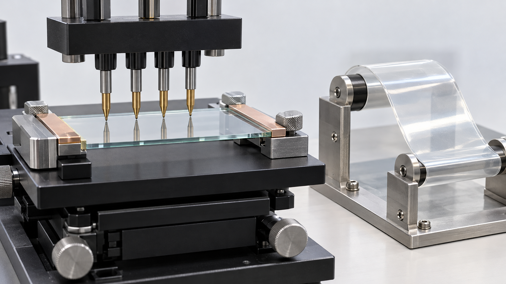 Transparent glass and film carry electrical contacts
