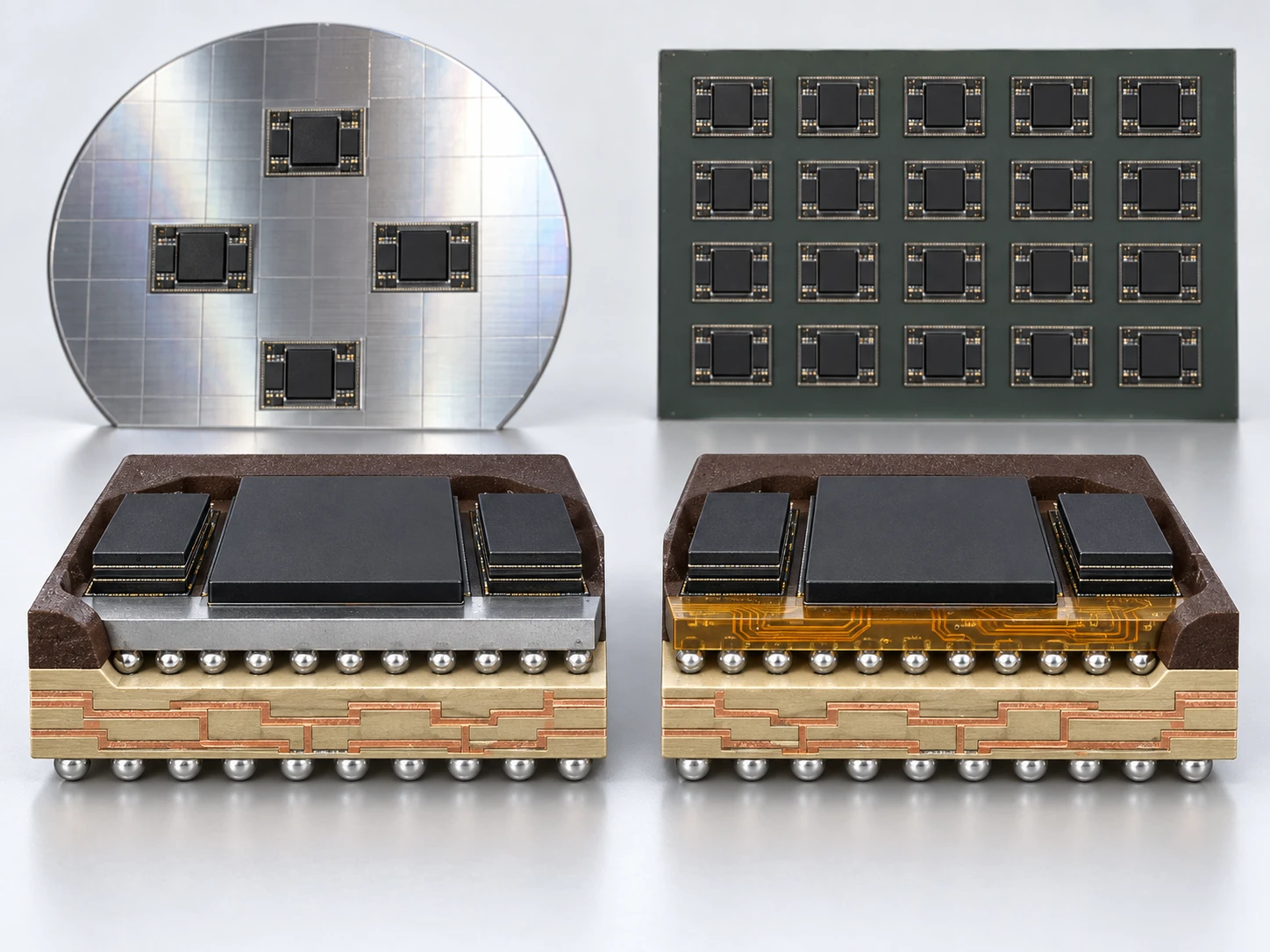Conceptual side-by-side image: on the left a part cut from a round wafer, on the right a similar part cut from a rectangular panel with many such parts, each with a corner cut away to show the layers