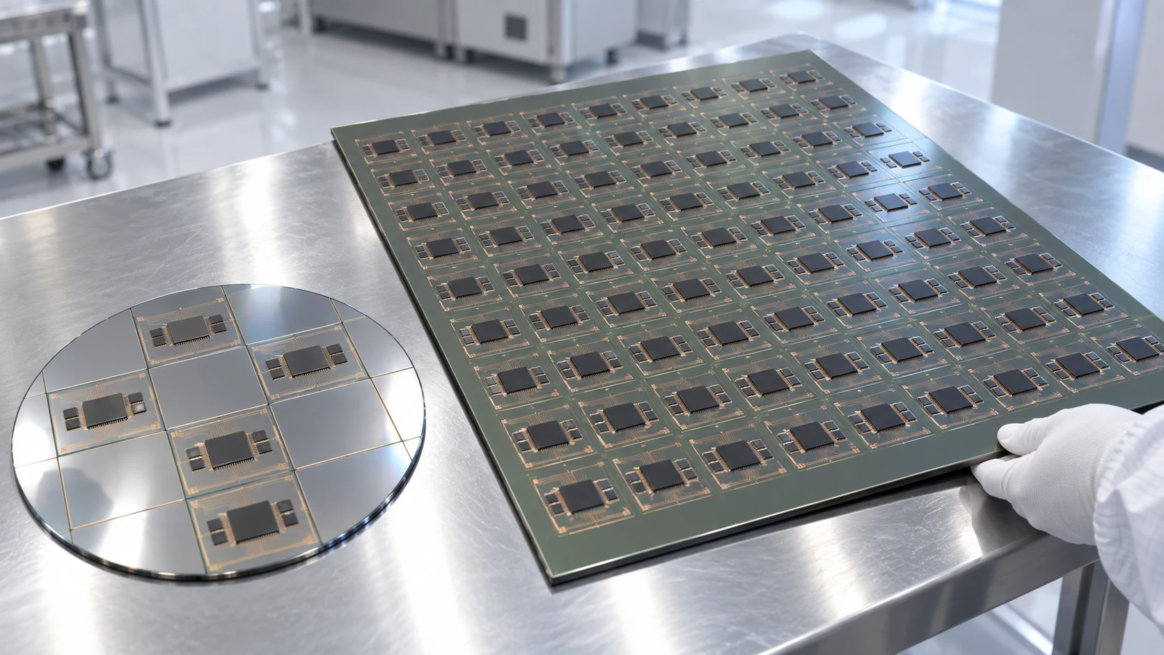 Conceptual image of a cleanroom workbench with a round silicon wafer and a larger rectangular panel side by side, both tiled with square parts carrying a large compute chip and memory chips
