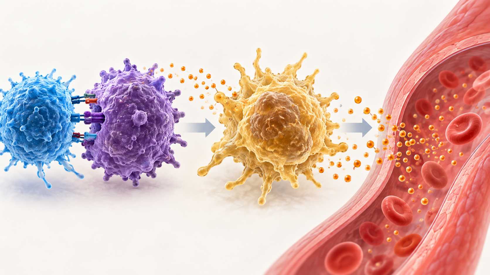 On the left, a blue T cell engages a purple target cell; in the center, a golden monocyte/macrophage becomes activated; on the right, small amber dots symbolizing inflammatory cytokines spread into a blood vessel.