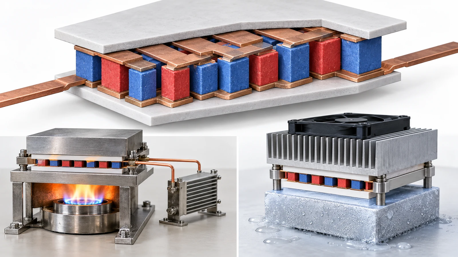 The same type of element is shown generating from a temperature difference and pumping heat when powered