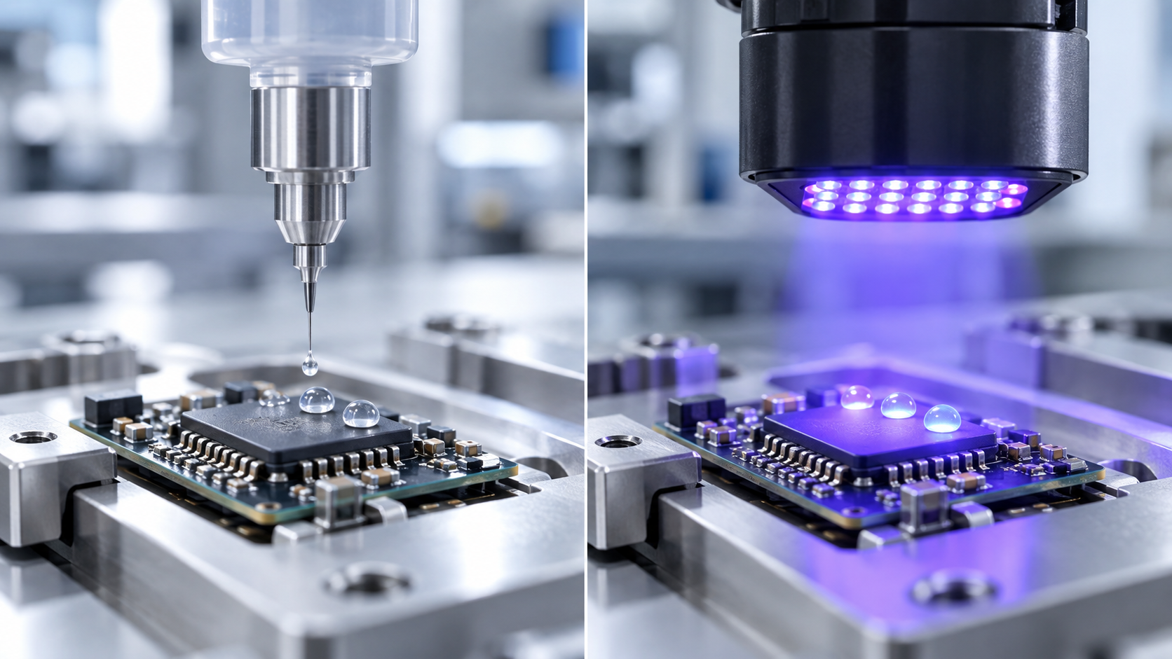 Concept image: dispensing a tiny drop of adhesive from a nozzle and curing it in seconds with LED light