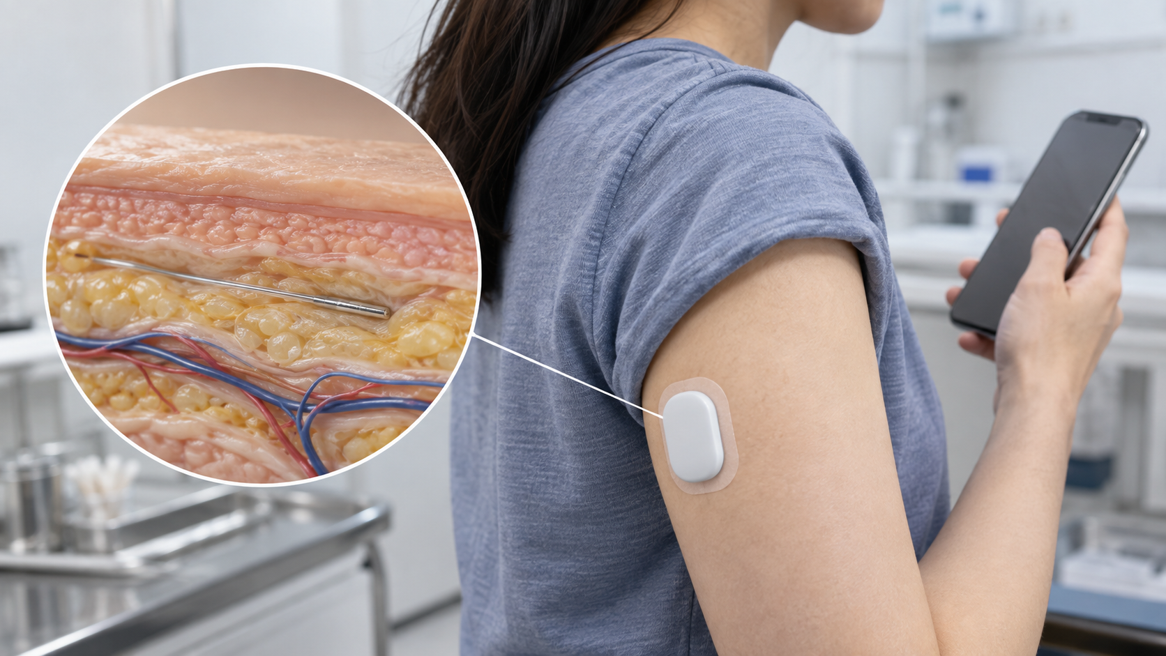 Concept image: a thin wire sensor under the skin measures glucose in interstitial fluid and a small on-body transmitter sends the reading to a smartphone