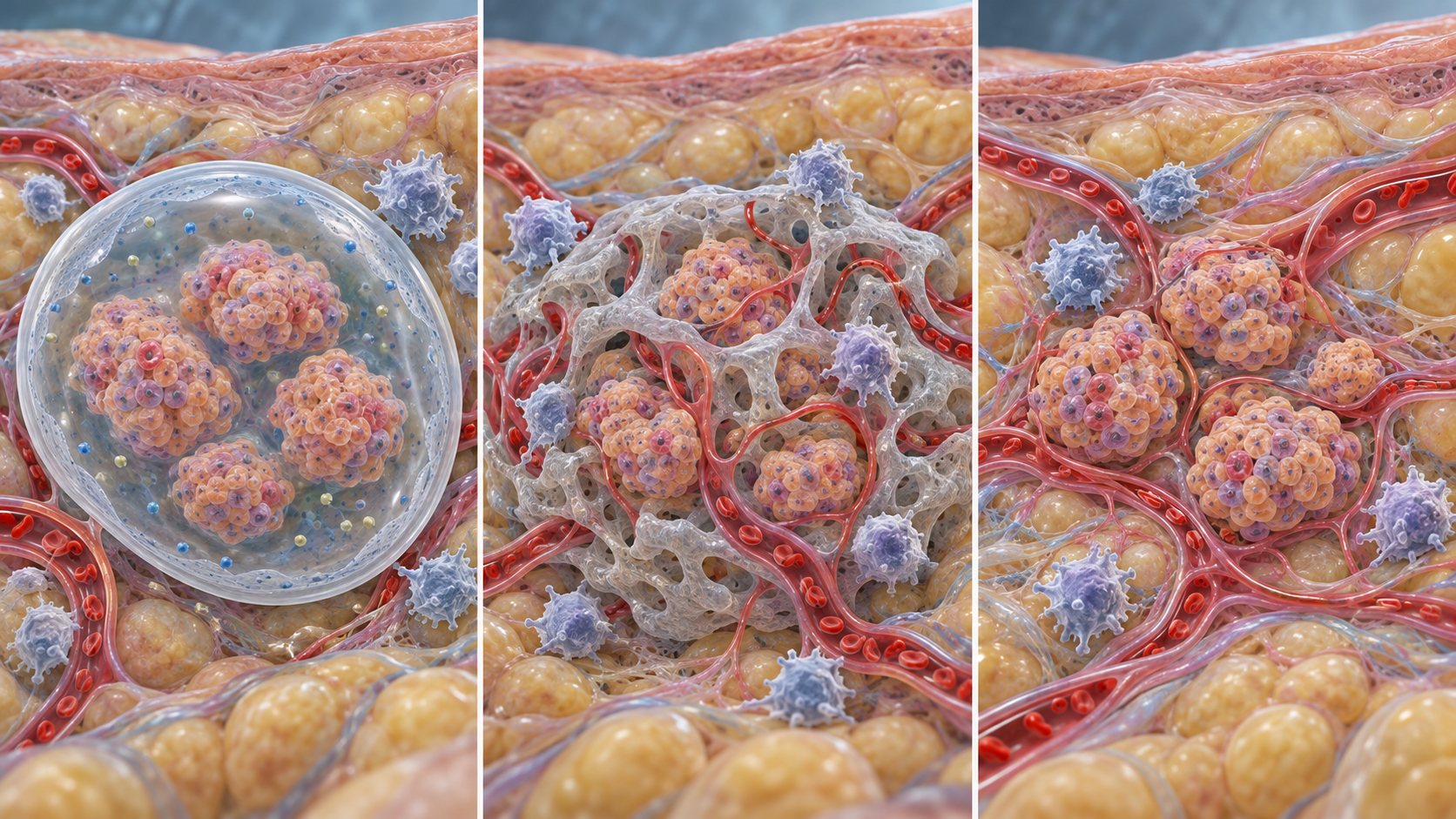 Cell placement is compared across an immune-protective membrane, a vascularising porous device and unencapsulated cells