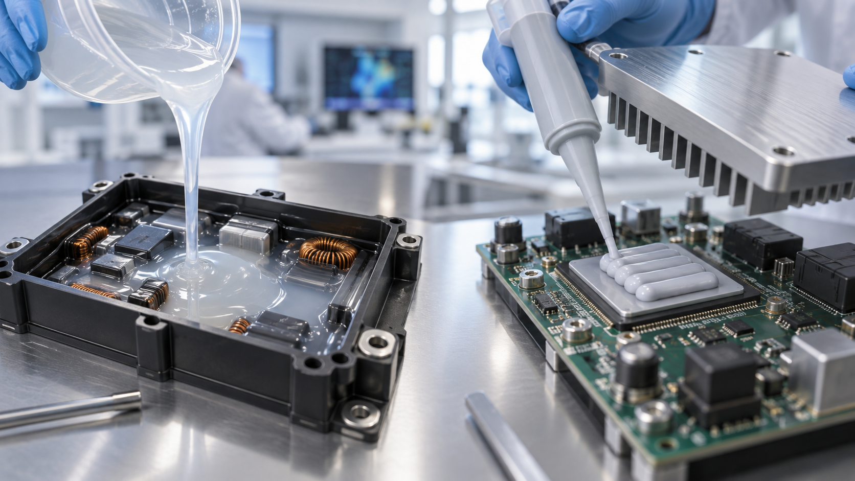 Concept image: pouring silicone encapsulant into a power-module housing, and applying thermal gel to a hot chip on a board