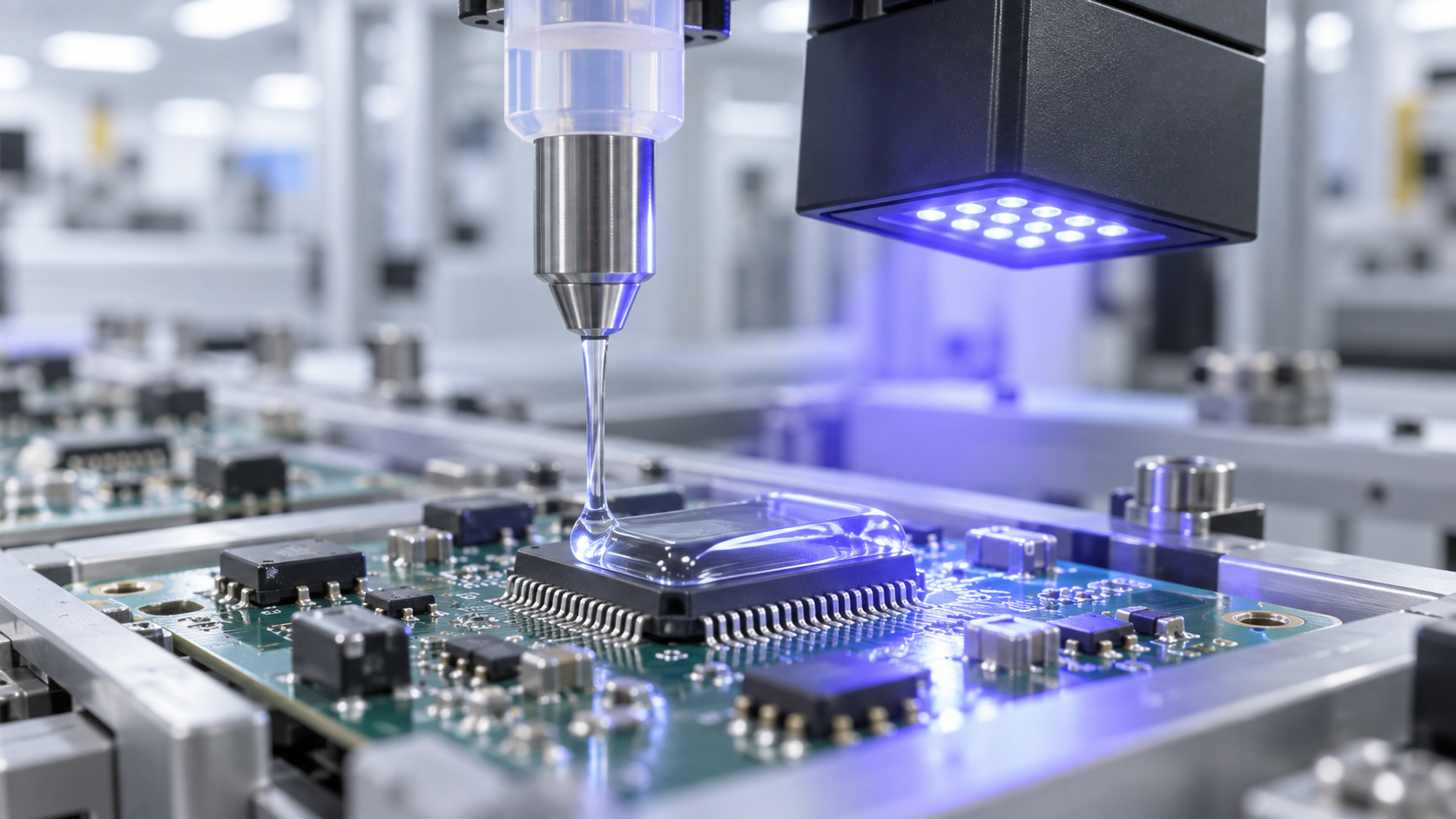 Concept: dispensing clear encapsulant onto a chip on an electronic board and curing it in seconds with UV/LED light