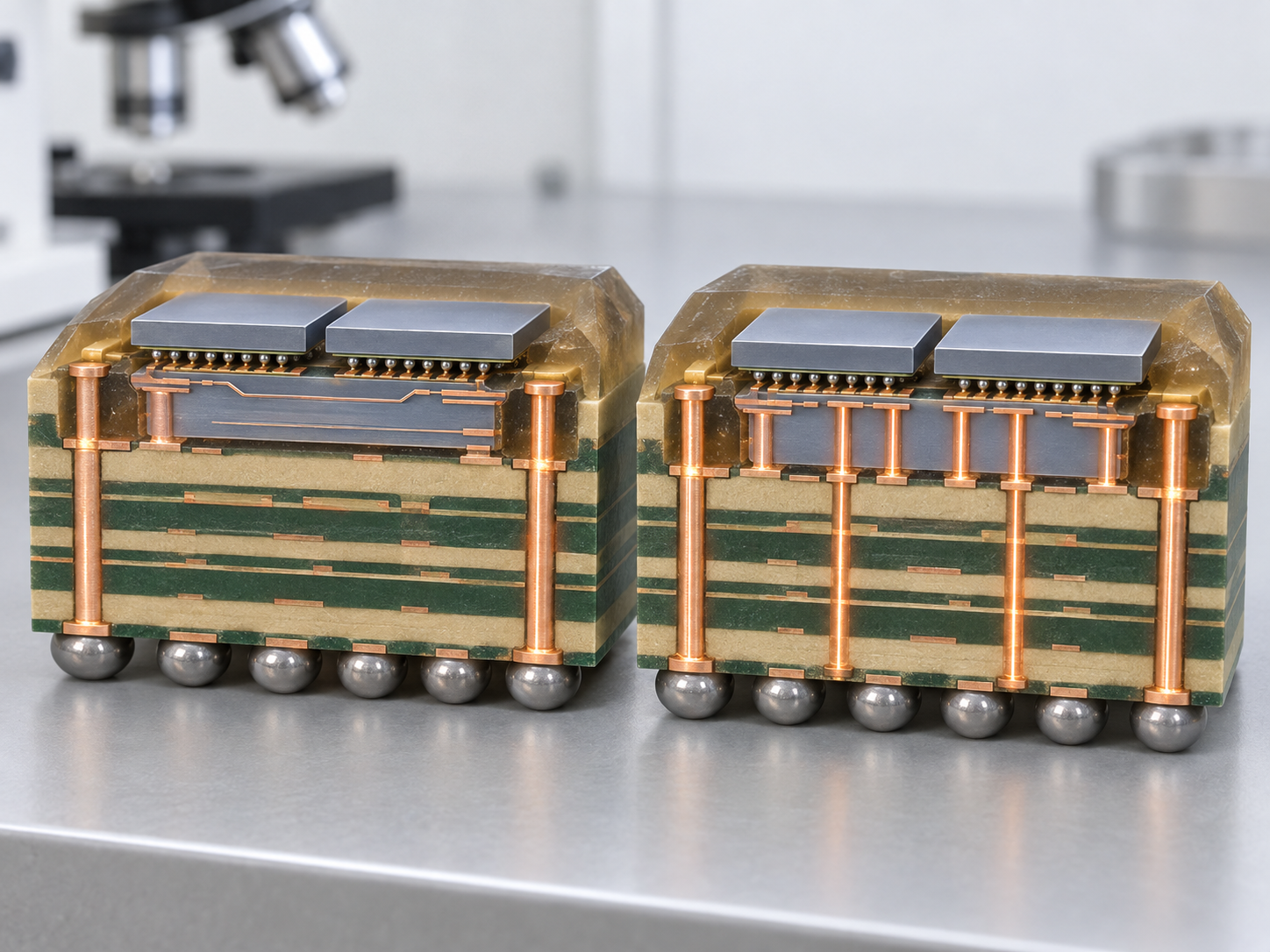 Conceptual side-by-side cross-sections: vertical copper paths outside the bridge on the left, and additional copper vias through the bridge on the right