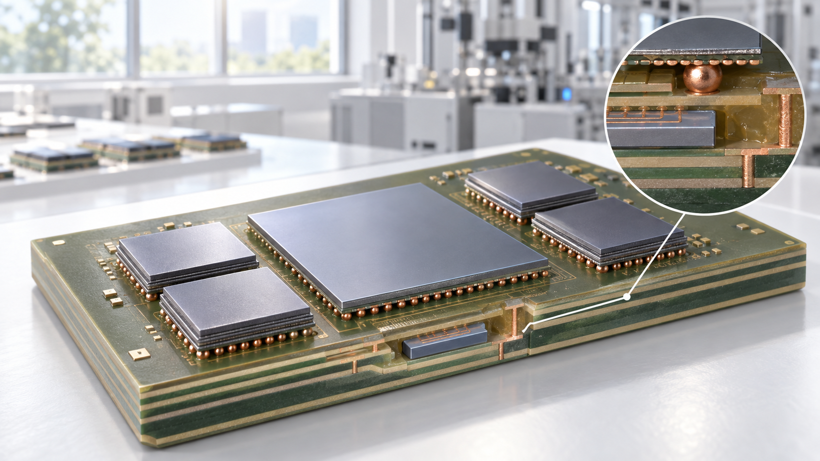 Conceptual 3D cutaway showing a small silicon bridge embedded in an organic substrate beneath adjacent chips
