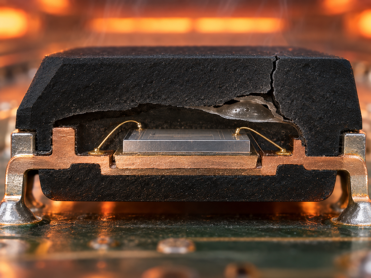Conceptual cutaway of an epoxy-molded semiconductor package. Moisture expanding during heating can initiate interfacial delamination and cracking of the molding compound. It does not reproduce an actual package, moisture quantity, or failure morphology.