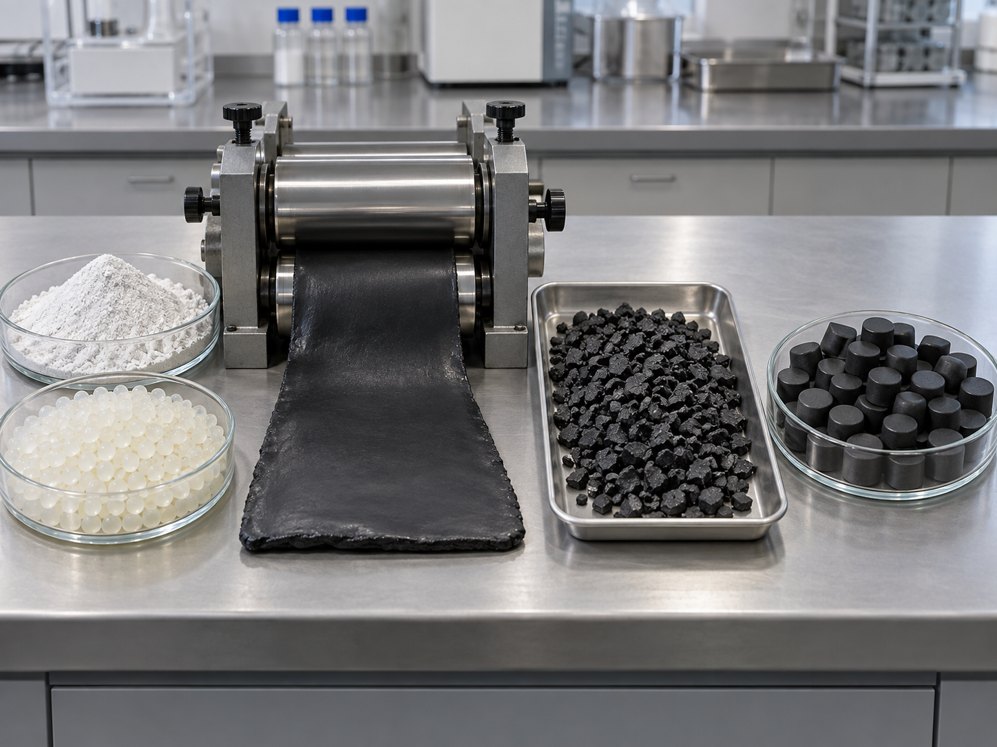 Fig. 4 image: how an encapsulant is made (powder and resin, mixing rolls, sheet, crushed material, tablets)