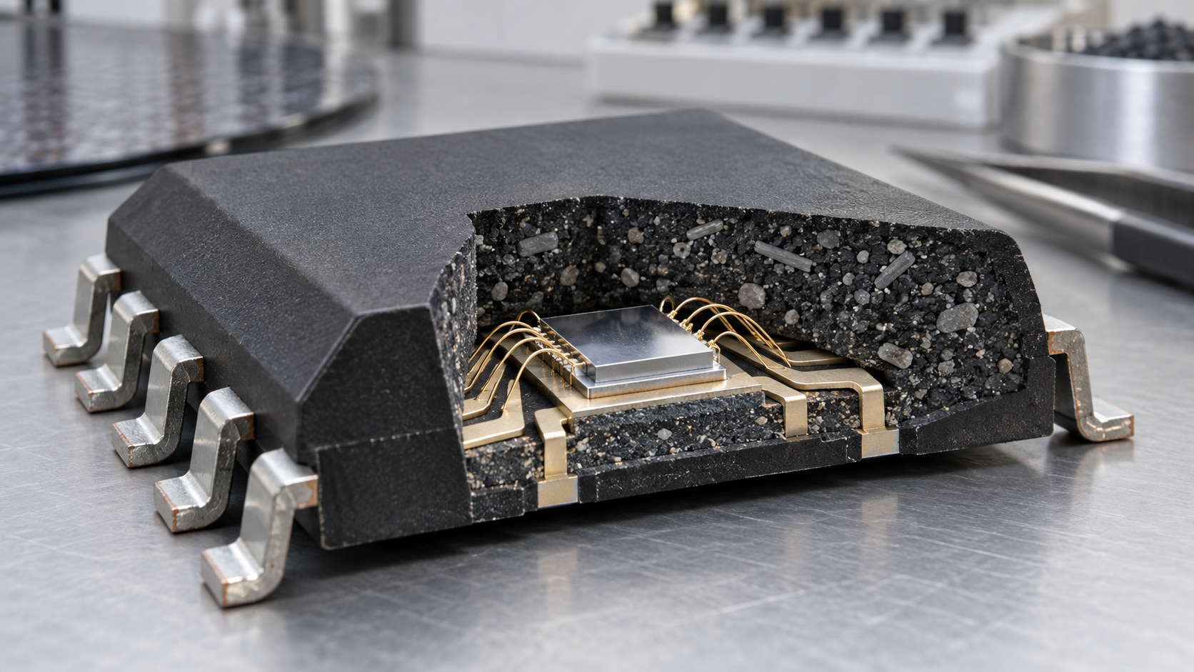 Hero image: raw powders, molding tablets and molded parts, with a cut-away of a package enclosing a chip