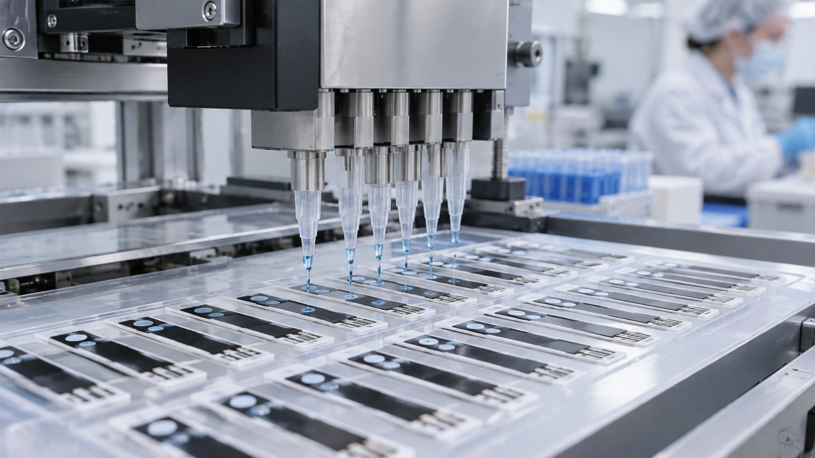 Hero image: dispensing enzyme reagent onto electrode chips and letting it dry