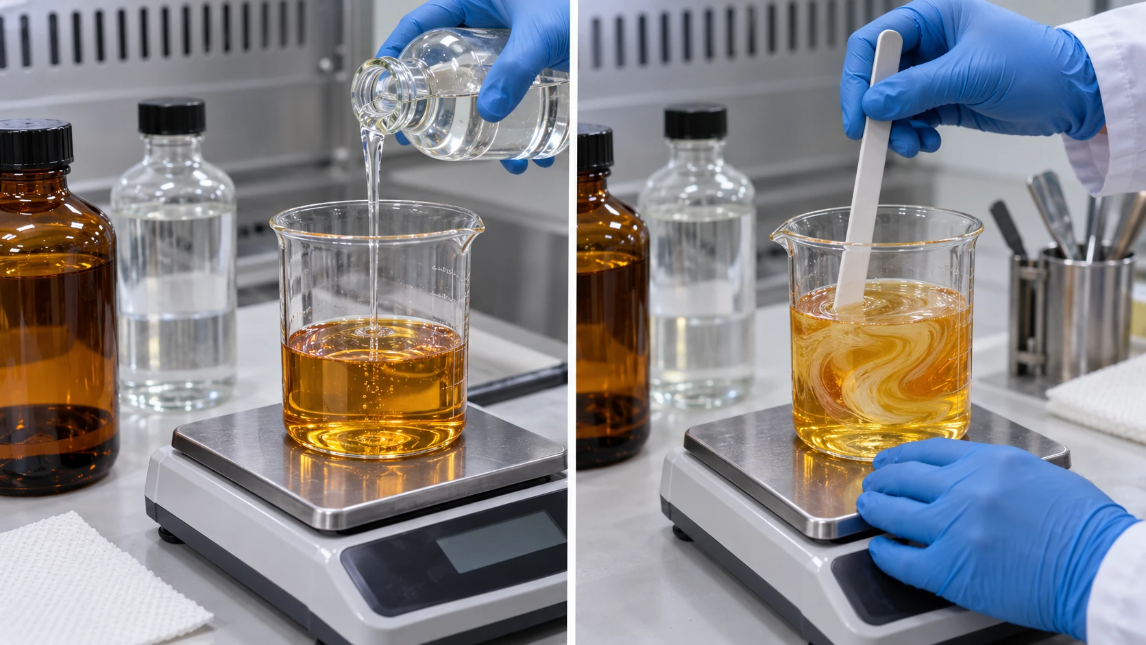 Conceptual image of a gloved hand stirring hardener into viscous amber resin in a beaker on a laboratory balance, with swirling streaks forming
