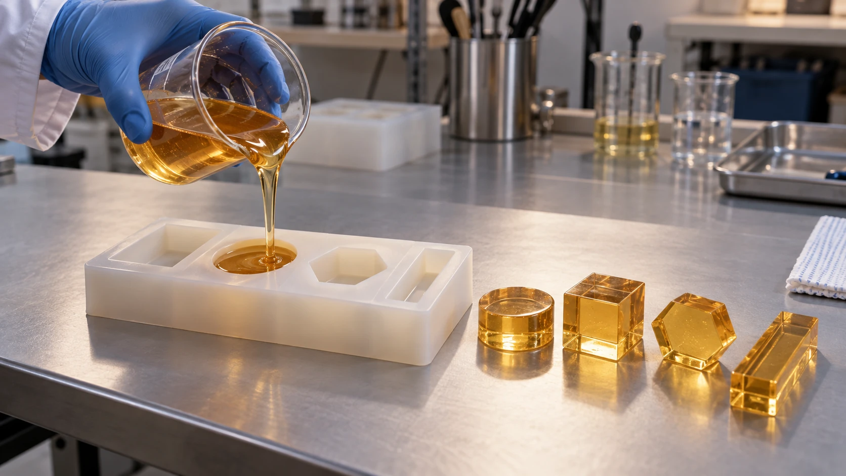 Conceptual image of a lab bench where viscous amber liquid resin is poured from a beaker into a silicone mold, with clear amber molded pieces that have set and been removed from the mold lined up on the right