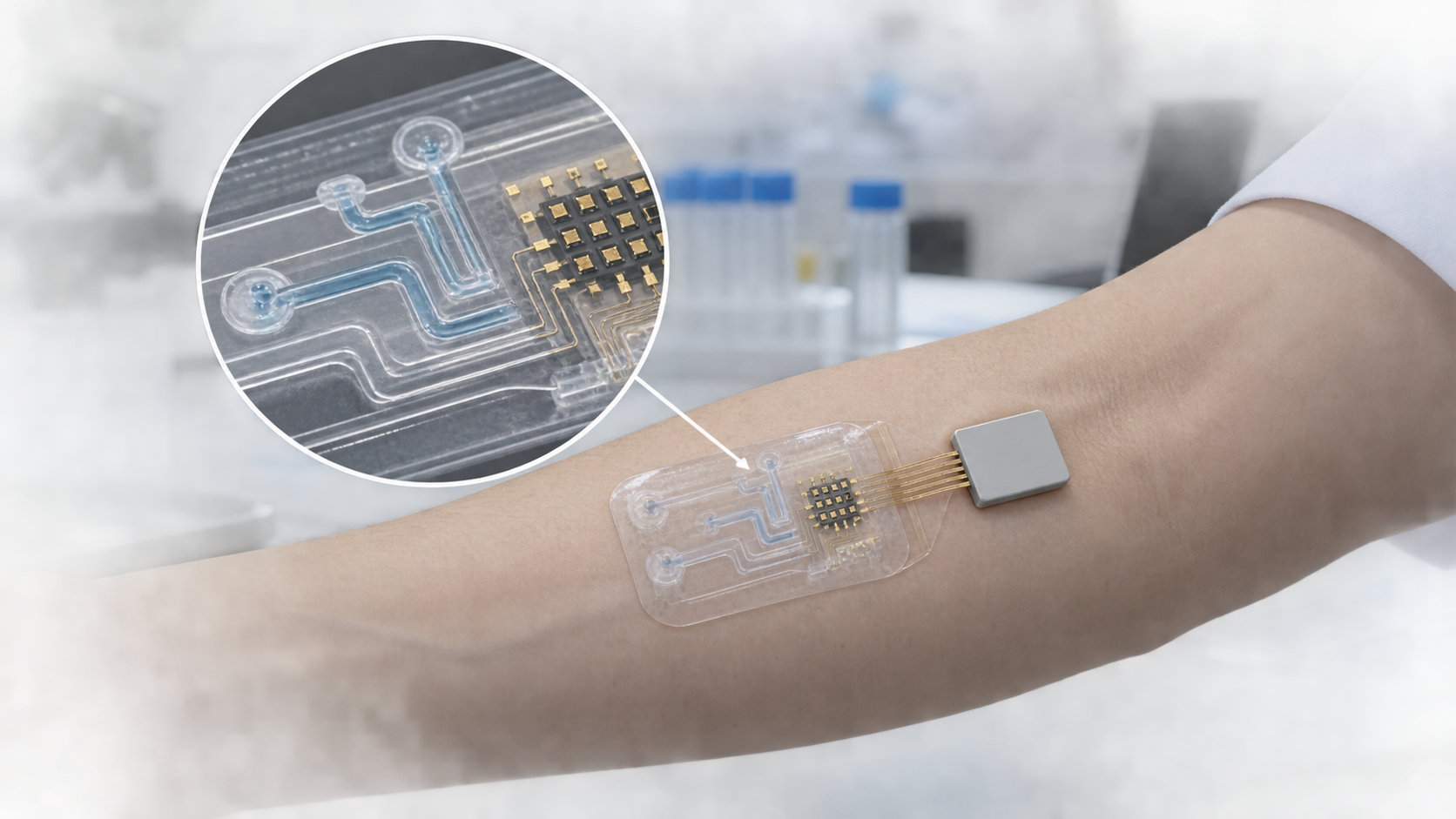 Fig. 5: a thin transparent polymer patch on a forearm with a fine channel and a small gold-terminalled transistor array, wired to a plain compact board, with a circular magnified window showing the channel and chip as a concept