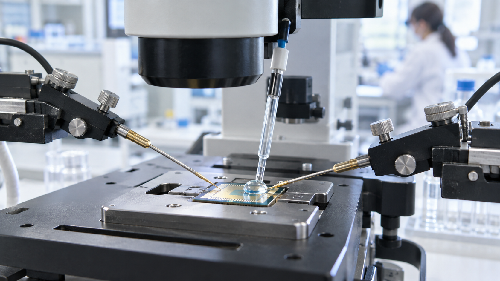 A bright lab probe station where fine metal needles touch the electrode pads of a small chip while a slim reference electrode is dipped into a clear drop on the chip