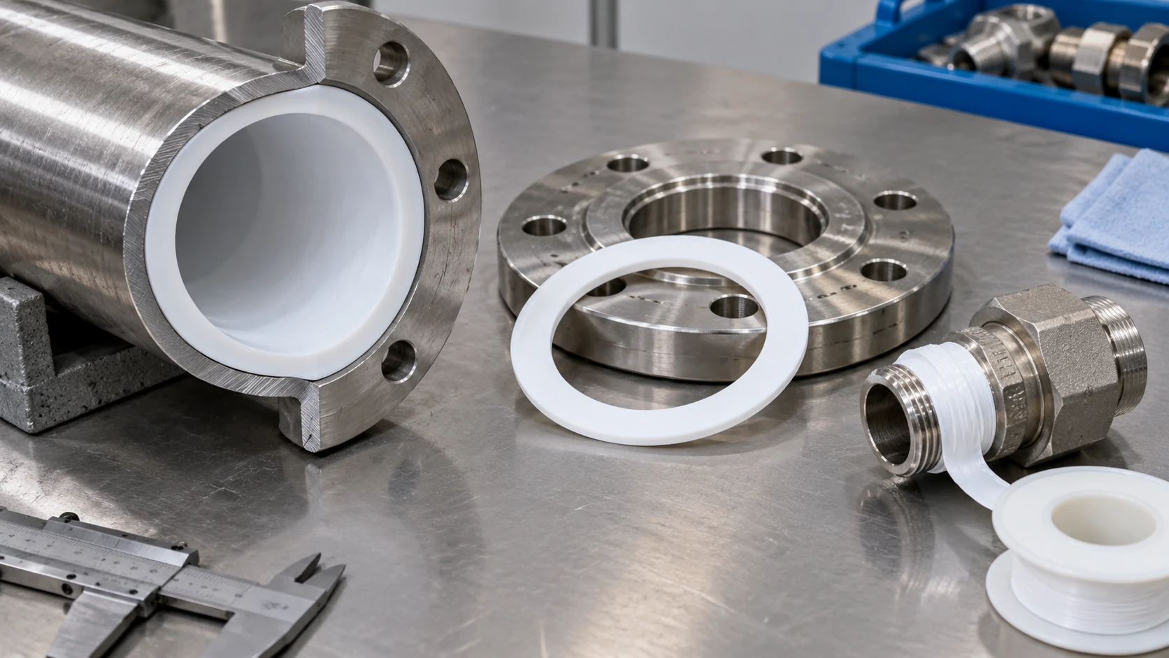 Conceptual image of a cut steel pipe section lined inside with white resin, white gasket rings and a small roll of thin white sealing tape on a work table