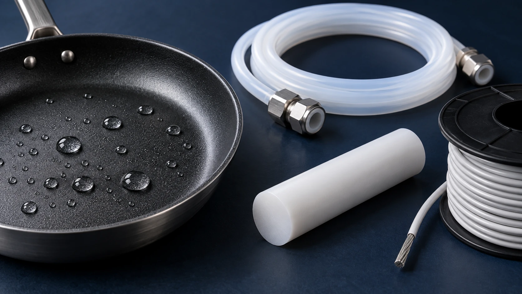 Conceptual image of a bright display table with a coated frying pan on which water beads up, translucent white tubing with a fitting, a white rod and a spool of insulated wire