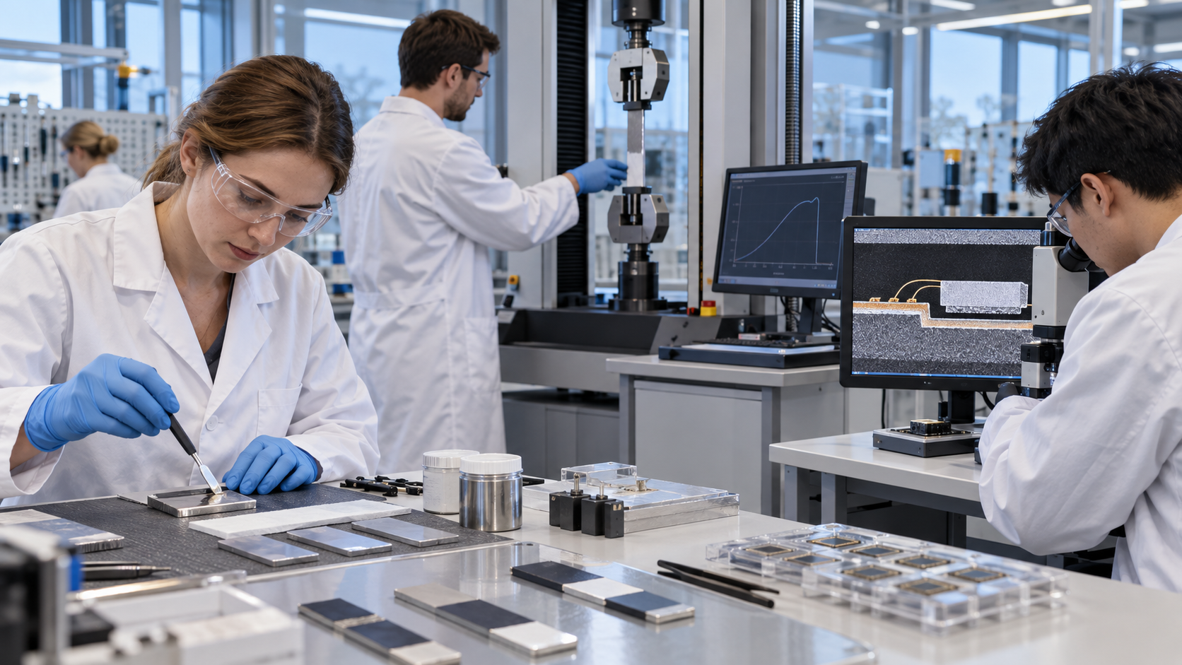 Conceptual view of prototyping and testing adhesive and encapsulant materials in applied research; not an actual Fraunhofer lab or instrument.