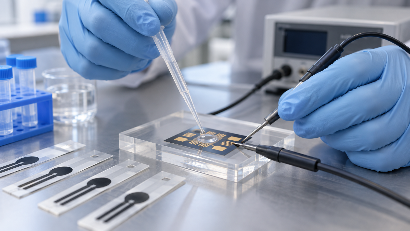 Hero image: dropping a sample onto the liquid well of a sensor chip and contacting the electrodes with fine probes