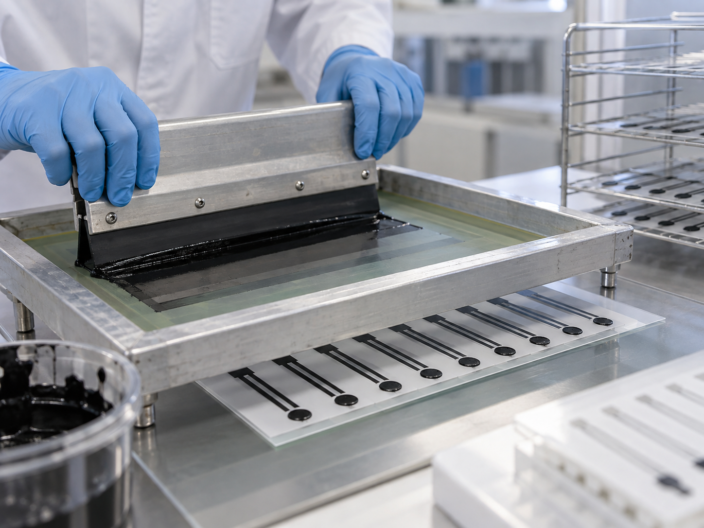 Fig. 3: screen printing carbon ink to make strips of electrodes