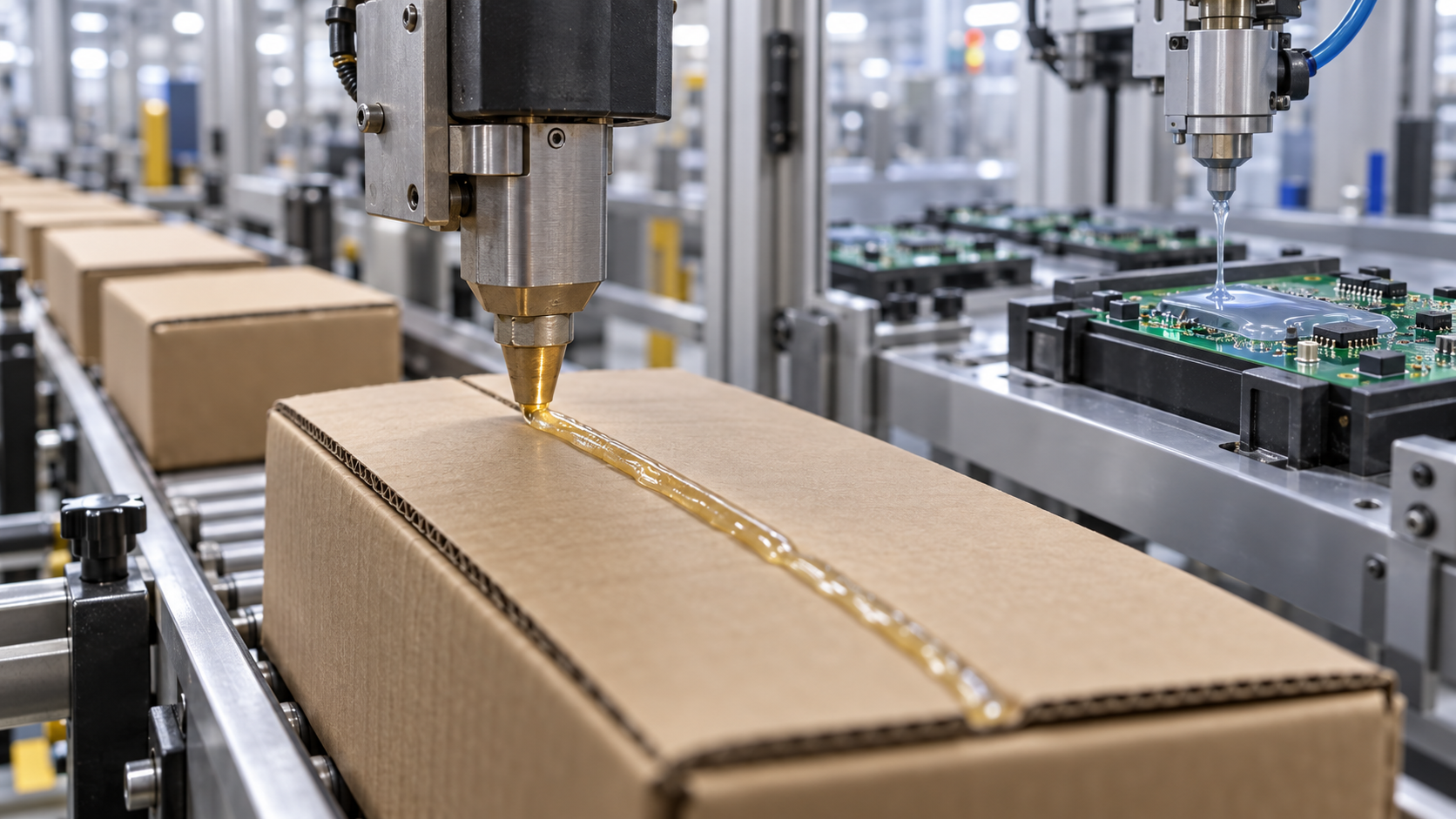 Concept: hot-melt adhesive applied on a packaging line (core), and encapsulant dispensed onto an electronic board (periphery)