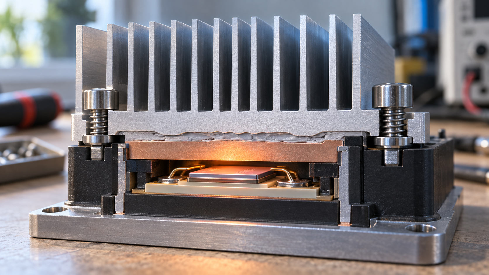 Hero image: an aluminium finned heat sink mounted on a board, with a cutaway showing the TIM layer at the contact face