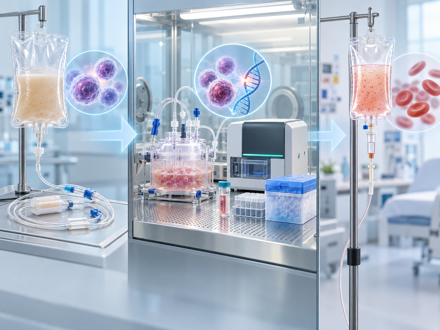 Realistic conceptual image with a collected-cell bag at left, ex vivo cell processing and quality checks in the middle, and an infusion bag at right