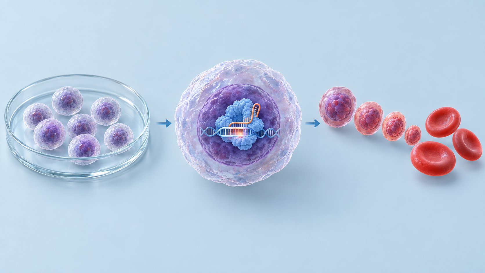 Left to right, collected nucleated hematopoietic stem cells, a schematic edit at a target site inside a stem-cell nucleus, and subsequent erythroid differentiation