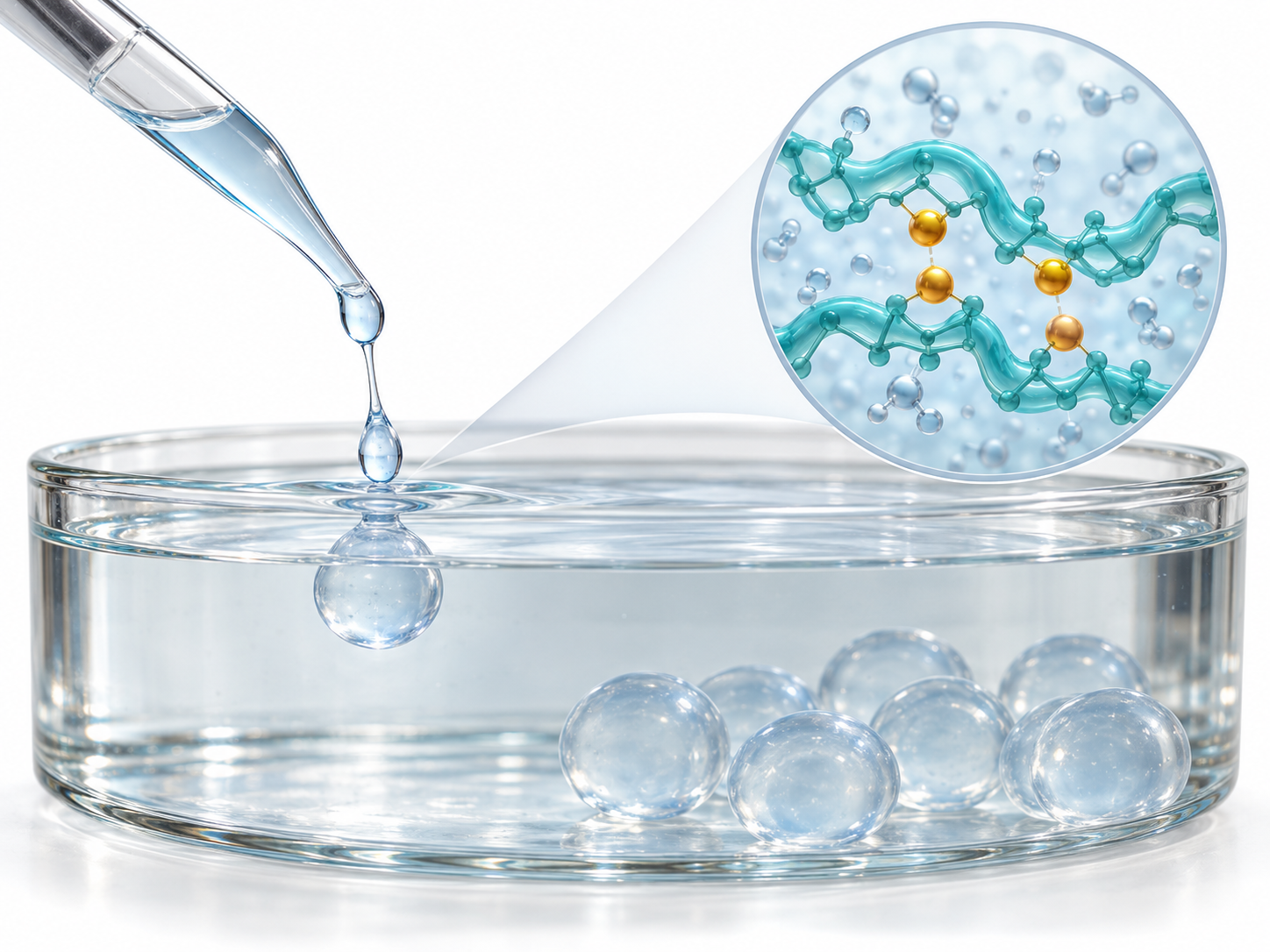 Alginate solution drops enter a calcium-ion bath and become gel beads as calcium ions link polymer chains; conceptual illustration