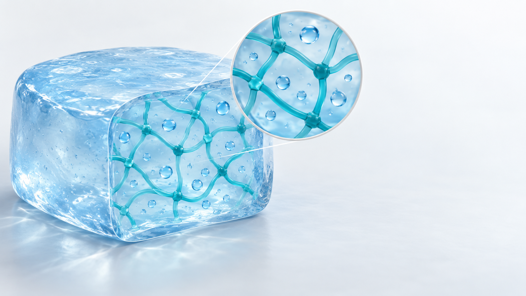 Cutaway and magnified view of a hydrogel: a polymer network holds water while the gel keeps its shape