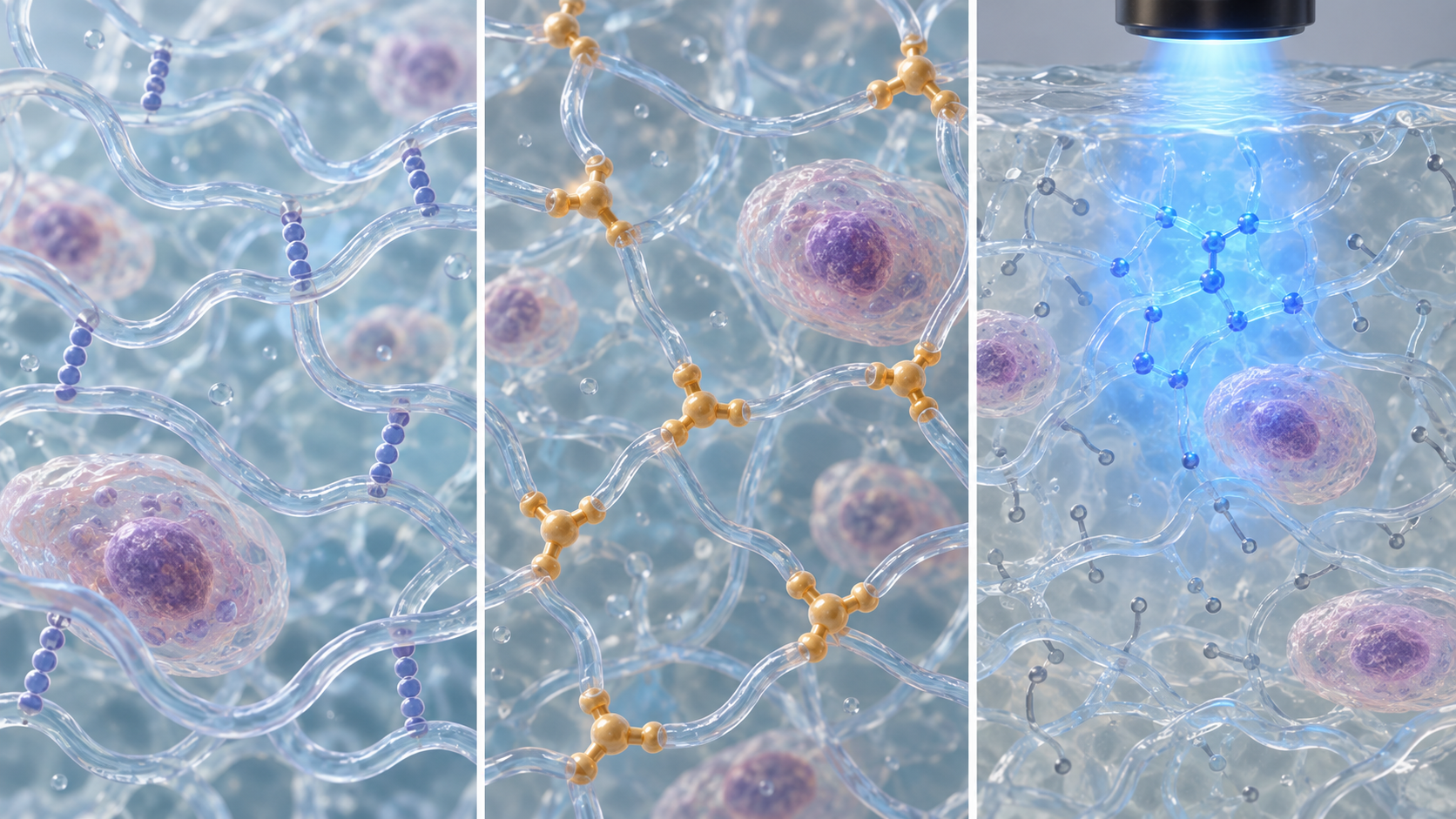 Compares physical, covalent and light-triggered crosslinking in hydrated networks.