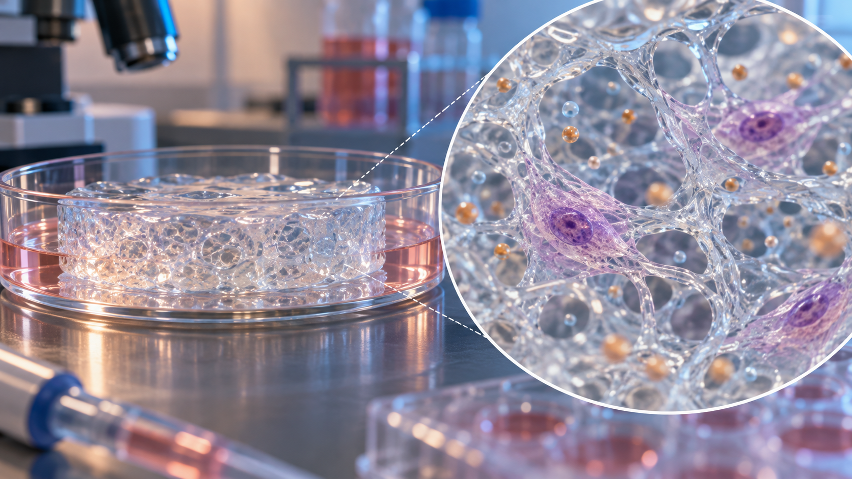 Water-rich hydrogel scaffold containing cells and a polymer network