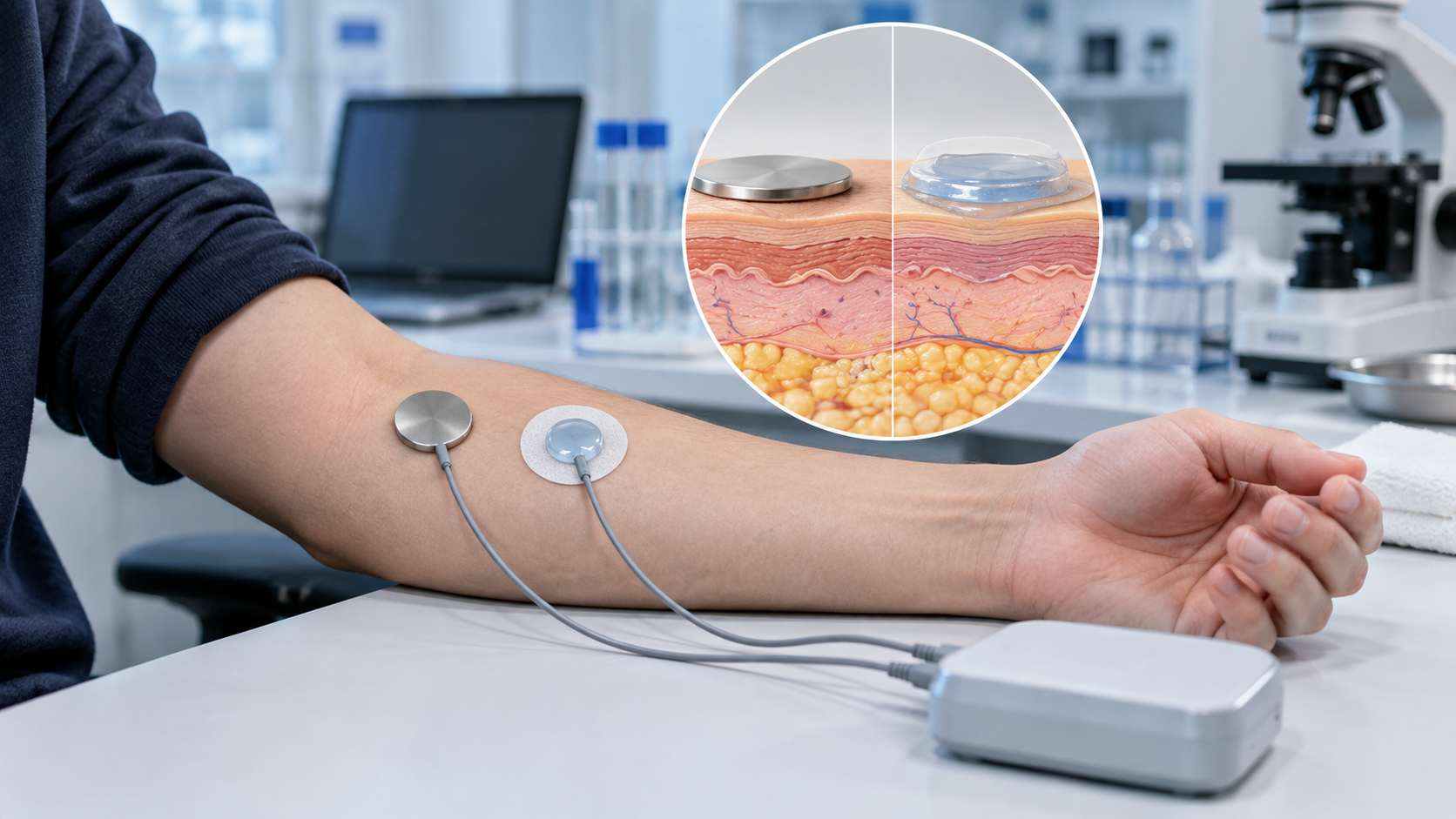Fig. 4: a flat dry metal electrode and a gel-backed wet electrode side by side on a forearm, wired to a plain compact reader, with a circular magnified window showing skin layers as a concept