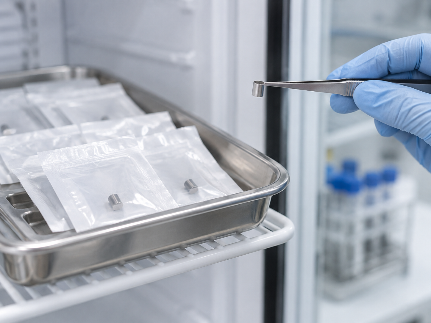 Fig. 5: sterile pouches on a refrigerated tray, and a small cylindrical sensor held with tweezers