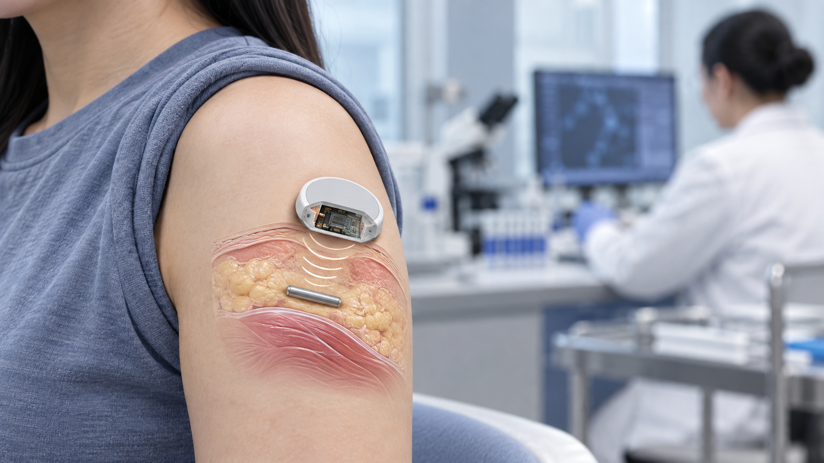 Hero image: a small cylindrical sensor under the skin and a transmitter on the skin (cut-away)