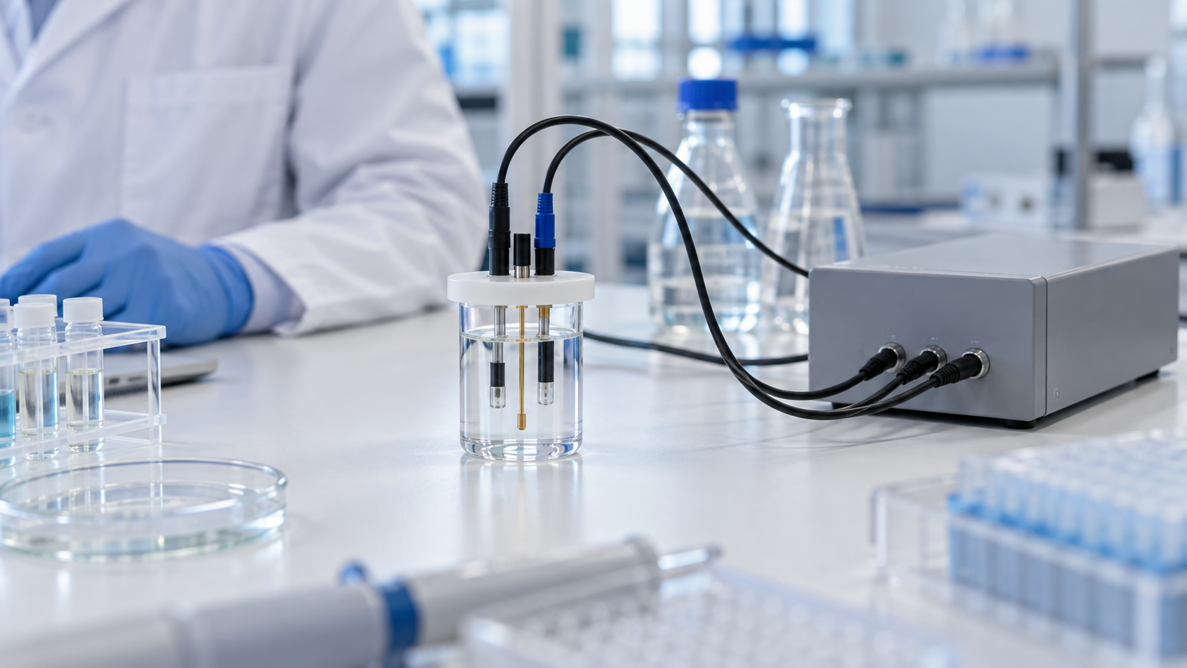 A bright lab bench with a slim three-electrode chip dipped in a small cell of clear electrolyte and wired to a plain grey instrument